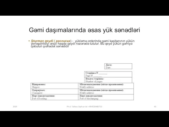 Gəmi daşımalarında əsas yük sənədləri Şturman qeydi ( расписка) -