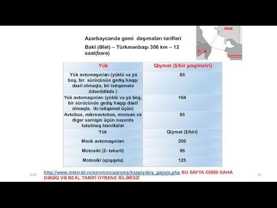 Azərbaycanda gəmi daşımaları tarifləri Bakl (Ələt) – Türkmənbaşı 306 km