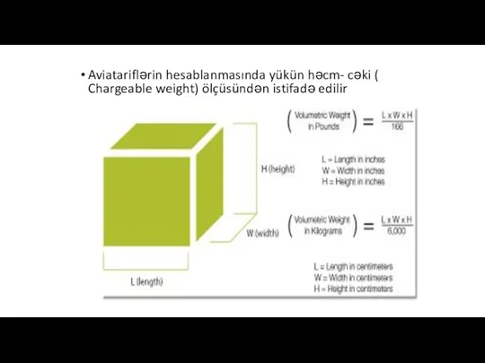 Aviatariflərin hesablanmasında yükün həcm- cəki ( Chargeable weight) ölçüsündən istifadə edilir