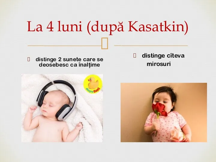 La 4 luni (după Kasatkin) distinge 2 sunete care se deosebesc ca înalțime distinge cîteva mirosuri