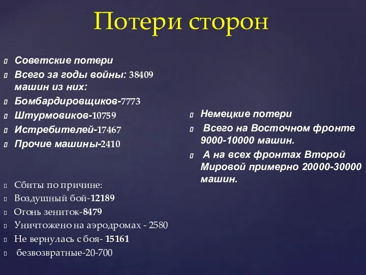 Потери сторон Советские потери Всего за годы войны: 38409 машин