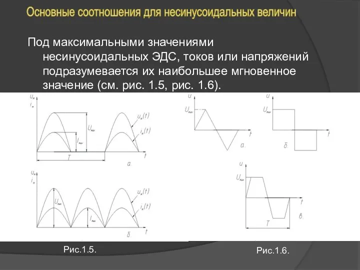 Под максимальными значениями несинусоидальных ЭДС, токов или напряжений подразумевается их