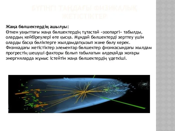 БҮГІНГІ ТАҢДАҒЫ ФИЗИКАЛЫҚ ЖЕТІСТІКТЕР Жаңа бөлшектердің ашылуы: Өткен уақыттағы жаңа