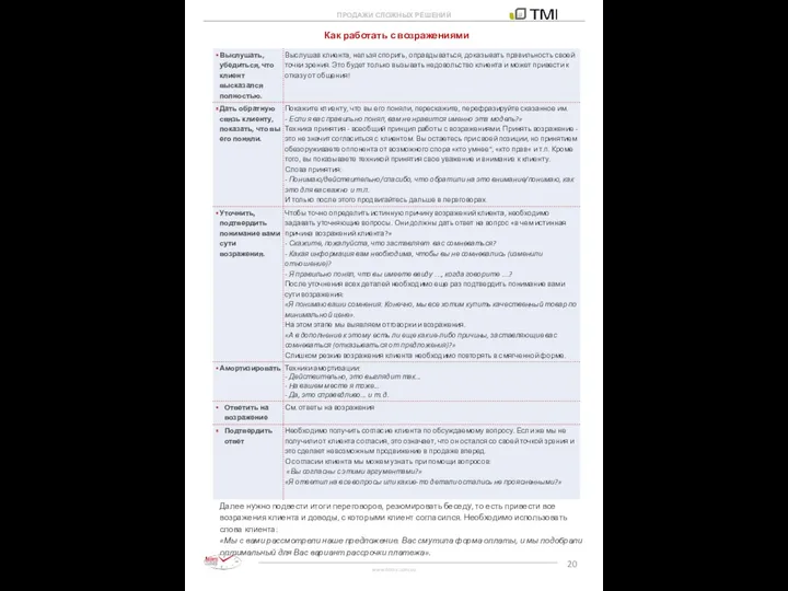 Как работать с возражениями Далее нужно подвести итоги переговоров, резюмировать