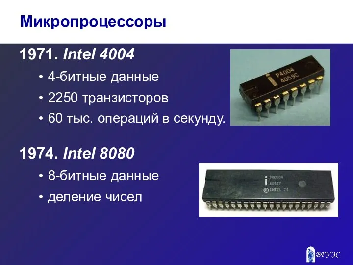 1971. Intel 4004 4-битные данные 2250 транзисторов 60 тыс. операций