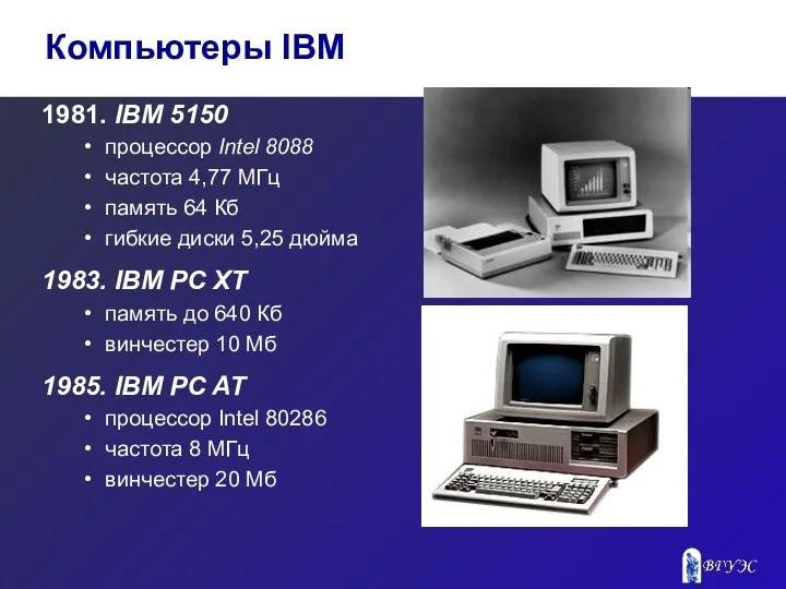 1981. IBM 5150 процессор Intel 8088 частота 4,77 МГц память
