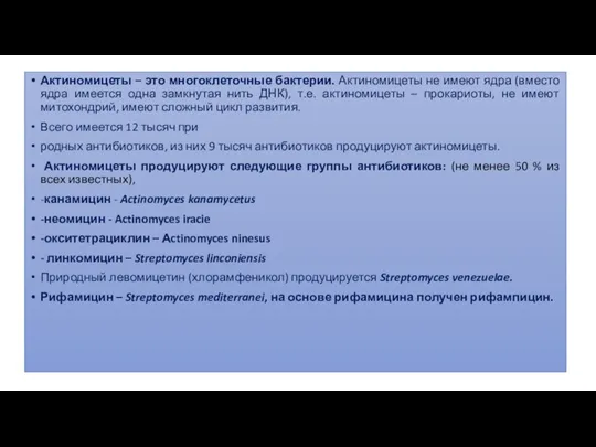 Микроорганизмы – продуценты антибиотиков. Актиномицеты – это многоклеточные бактерии. Актиномицеты