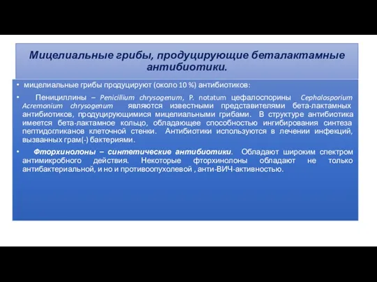 Мицелиальные грибы, продуцирующие беталактамные антибиотики. мицелиальные грибы продуцируют (около 10