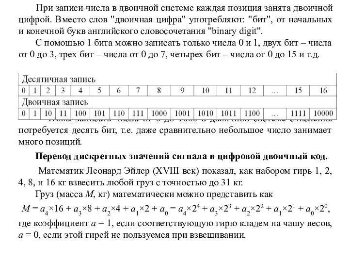 При записи числа в двоичной системе каждая позиция занята двоичной