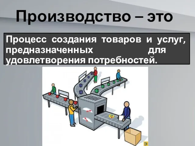 Производство – это Процесс создания товаров и услуг, предназначенных для удовлетворения потребностей.