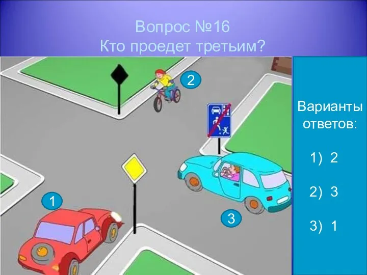 Вопрос №16 Кто проедет третьим? 2 3 1 Варианты ответов: 2 3 1