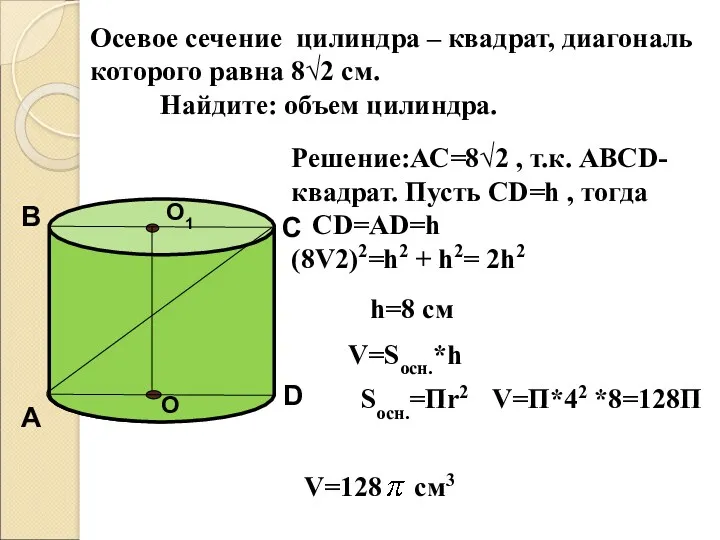 Осевое сечение цилиндра – квадрат, диагональ которого равна 8√2 см.