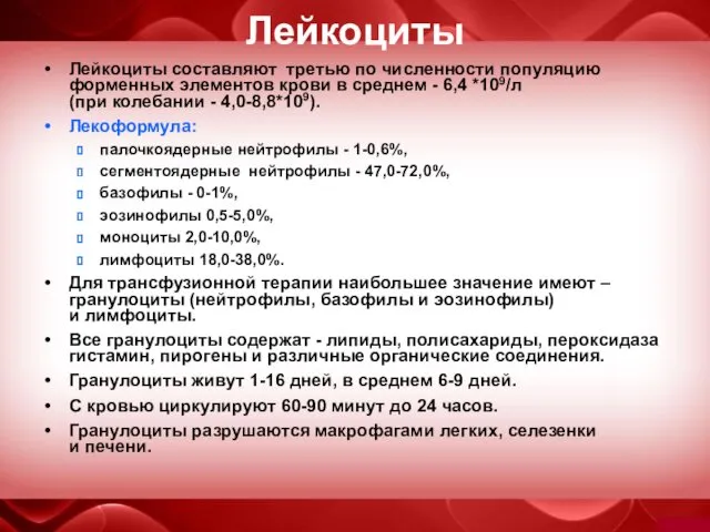 Лейкоциты Лейкоциты составляют третью по численности популяцию форменных элементов крови