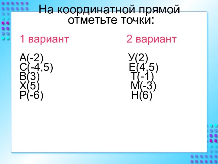 На координатной прямой отметьте точки: 1 вариант 2 вариант А(-2)