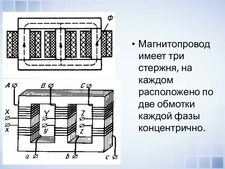 Магнитопровод имеет три стержня, на каждом расположено по две обмотки каждой фазы концентрично.
