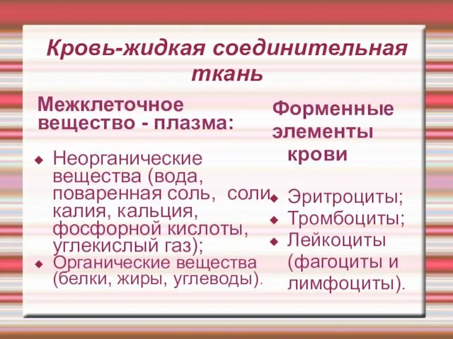 Кровь-жидкая соединительная ткань Межклеточное вещество - плазма: Неорганические вещества (вода,