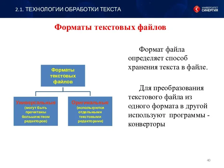 Форматы текстовых файлов Формат файла определяет способ хранения текста в