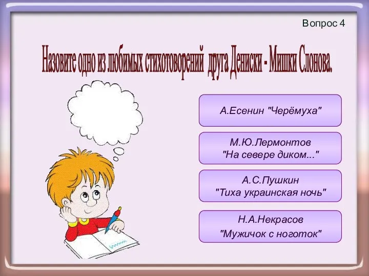 Вопрос 4 М.Ю.Лермонтов "На севере диком..." А.Есенин "Черёмуха" А.С.Пушкин "Тиха