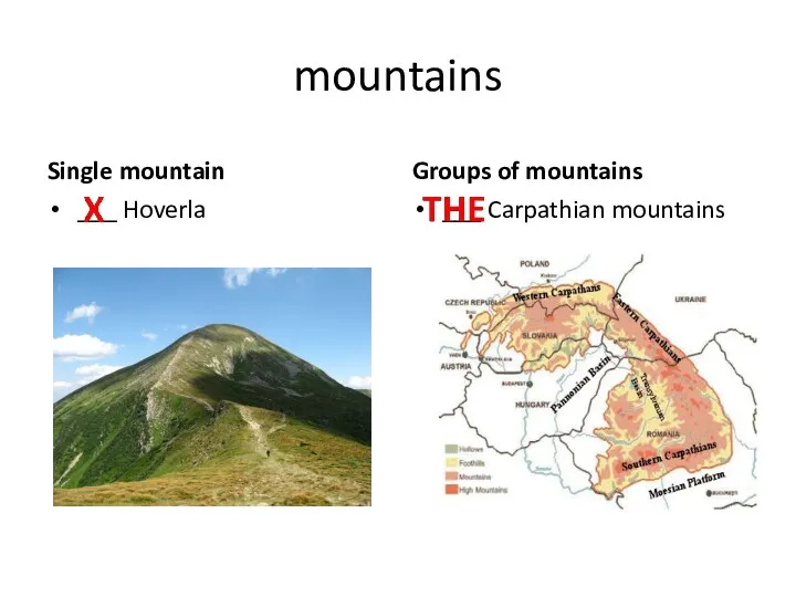 mountains Single mountain ___ Hoverla Groups of mountains ___ Carpathian mountains