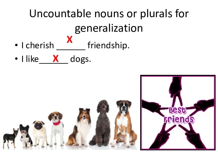 Uncountable nouns or plurals for generalization I cherish ______ friendship. I like______ dogs. X X