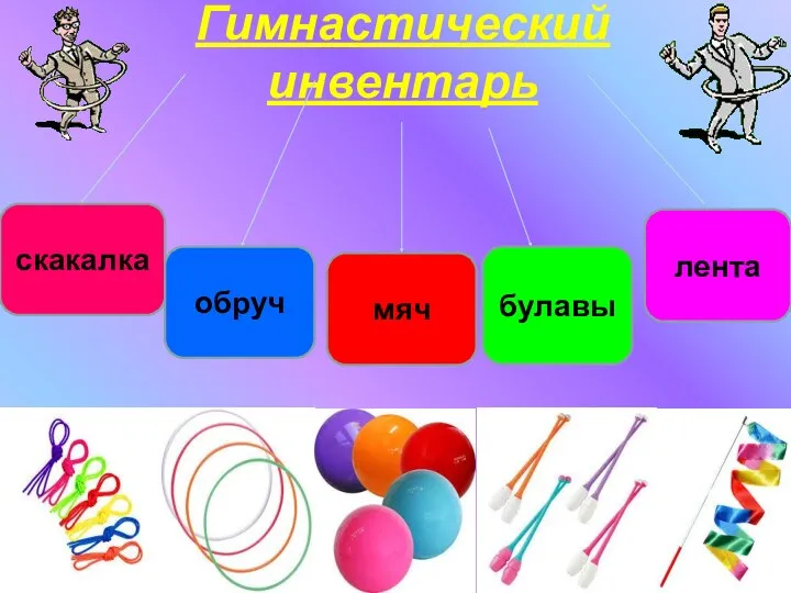 Гимнастический инвентарь скакалка лента булавы обруч мяч