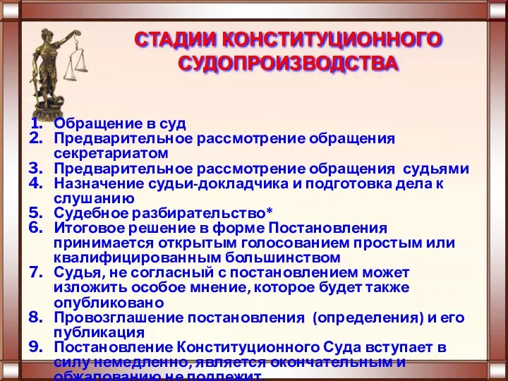 СТАДИИ КОНСТИТУЦИОННОГО СУДОПРОИЗВОДСТВА Обращение в суд Предварительное рассмотрение обращения секретариатом