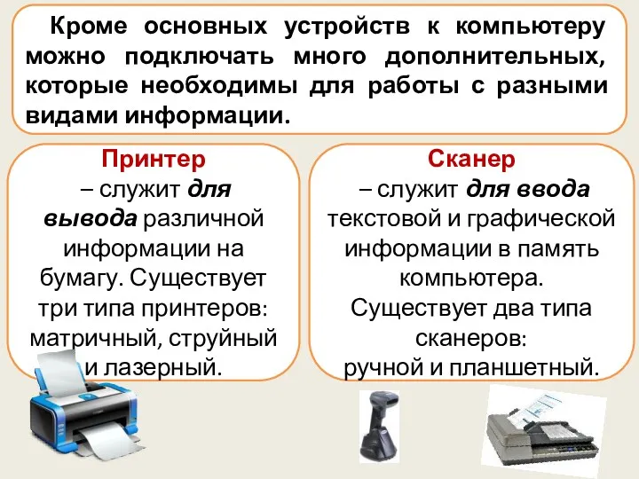 Кроме основных устройств к компьютеру можно подключать много дополнительных, которые