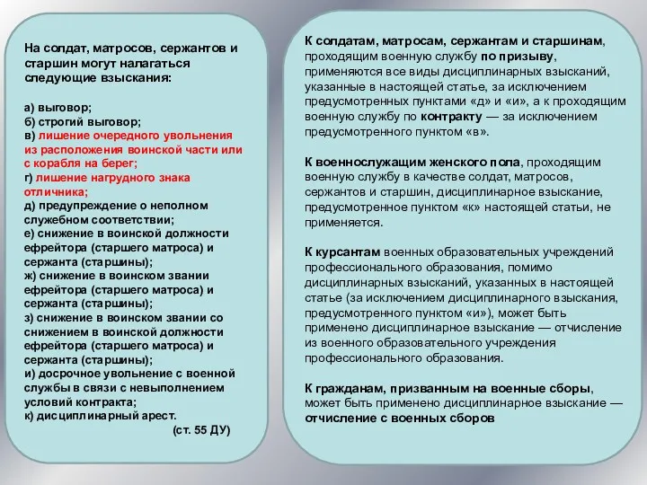 На солдат, матросов, сержантов и старшин могут налагаться следующие взыскания: