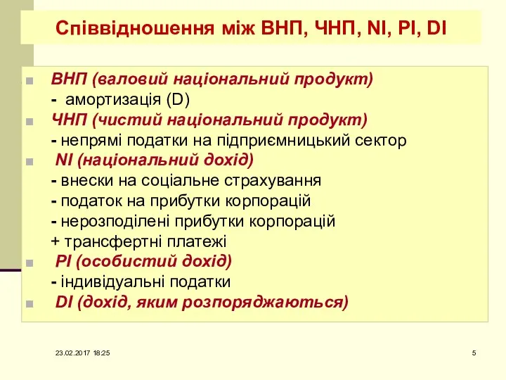 Співвідношення між ВНП, ЧНП, NI, PI, DI ВНП (валовий національний