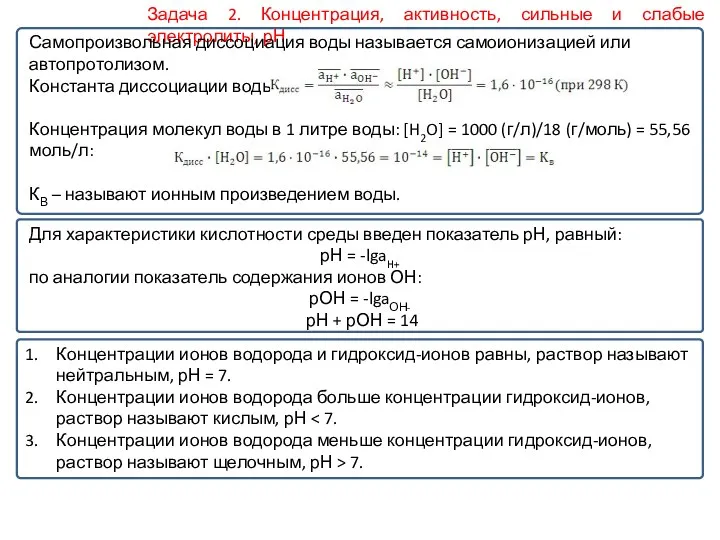 Задача 2. Концентрация, активность, сильные и слабые электролиты, рН Самопроизвольная