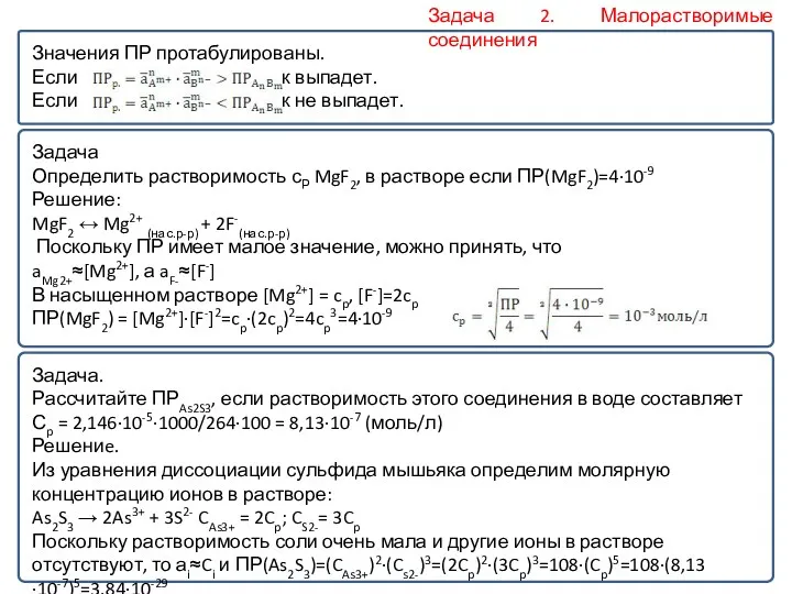 Значения ПР протабулированы. Если – осадок выпадет. Если – осадок