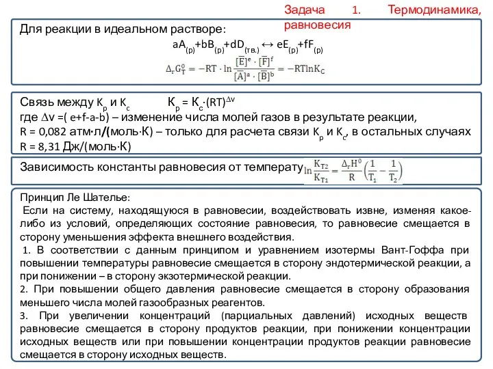 Для реакции в идеальном растворе: aA(р)+bB(р)+dD(тв.) ↔ eE(р)+fF(р) Задача 1.