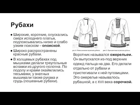 Рубахи Широкие, короткие, опускались сверх исподнего платья, подпоясывались низко и