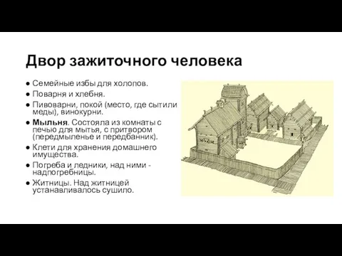 Двор зажиточного человека Семейные избы для холопов. Поварня и хлебня.