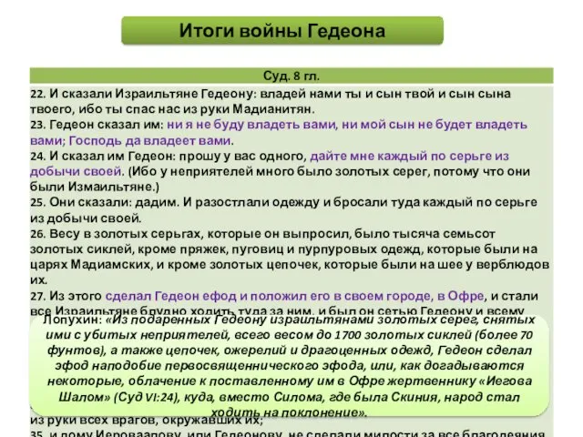 Итоги войны Гедеона Лопухин: «Из подаренных Гедеону израильтянами золотых серег,