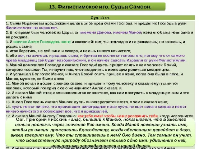 13. Филистимское иго. Судья Самсон. Свт. Григорий Нисский: «глас, бывший