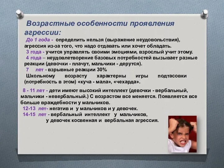 Возрастные особенности проявления агрессии: До 1 года - определить нельзя