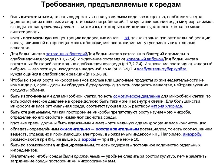 Требования, предъявляемые к средам быть питательными, то есть содержать в