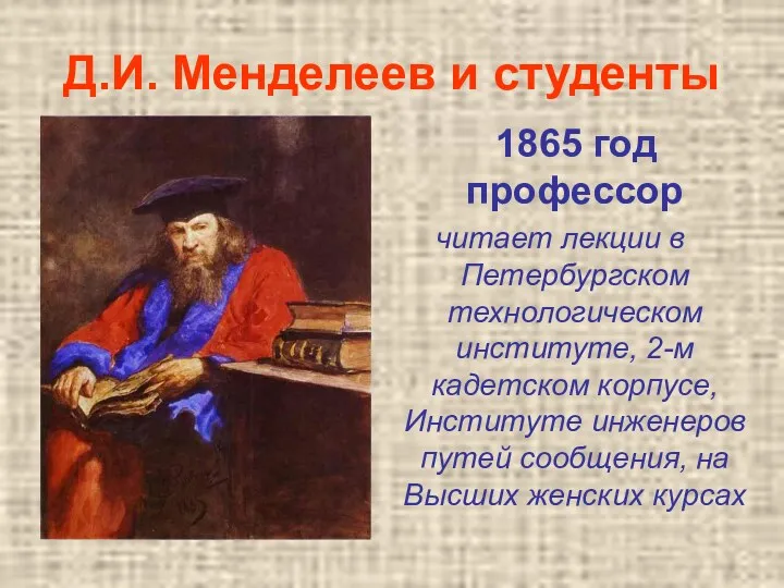 Д.И. Менделеев и студенты 1865 год профессор читает лекции в Петербургском технологическом институте,