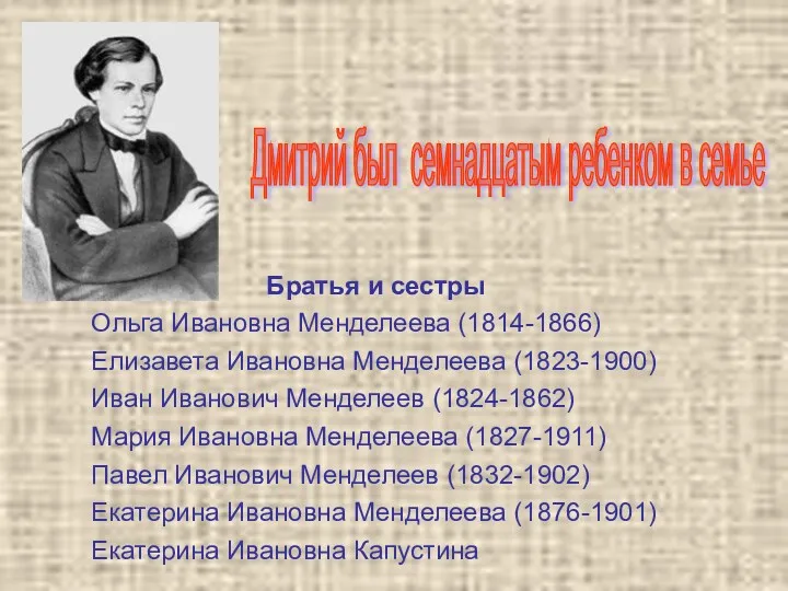 Братья и сестры Ольга Ивановна Менделеева (1814-1866) Елизавета Ивановна Менделеева (1823-1900) Иван Иванович