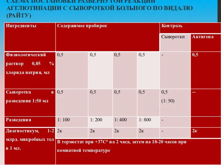 СХЕМА ПОСТАНОВКИ РАЗВЁРНУТОЙ РЕАКЦИИ АГГЛЮТИНАЦИИ С СЫВОРОТКОЙ БОЛЬНОГО ПО ВИДАЛЮ (РАЙТУ)