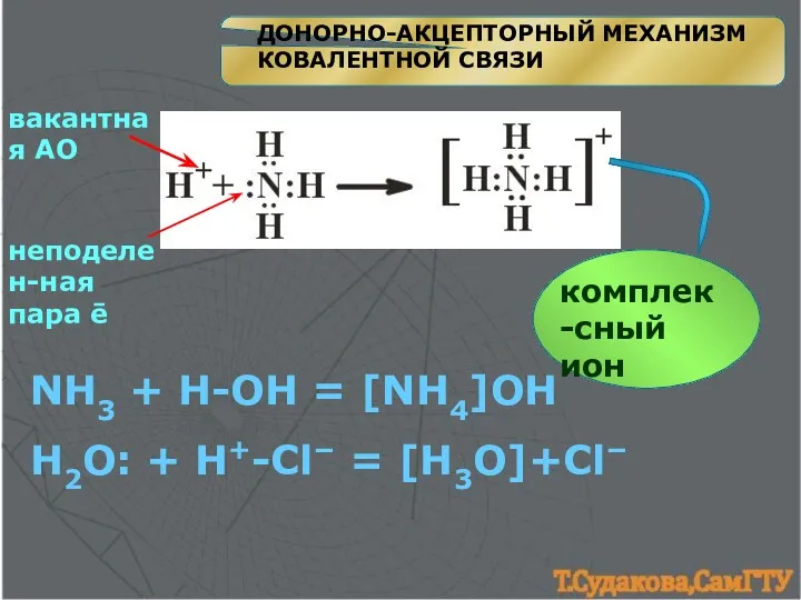 ДОНОРНО-АКЦЕПТОРНЫЙ МЕХАНИЗМ КОВАЛЕНТНОЙ СВЯЗИ NH3 + ⁫H-OH = [NH4]OH вакантная