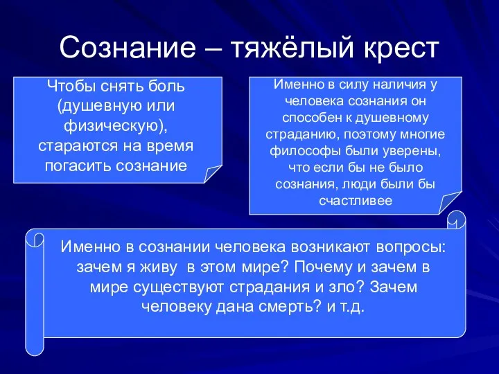 Сознание – тяжёлый крест Чтобы снять боль (душевную или физическую),