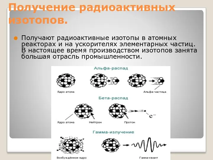 Получение радиоактивных изотопов. Получают радиоактивные изотопы в атомных реакторах и