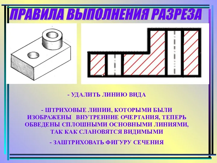 ПРАВИЛА ВЫПОЛНЕНИЯ РАЗРЕЗА - УДАЛИТЬ ЛИНИЮ ВИДА - ШТРИХОВЫЕ ЛИНИИ,