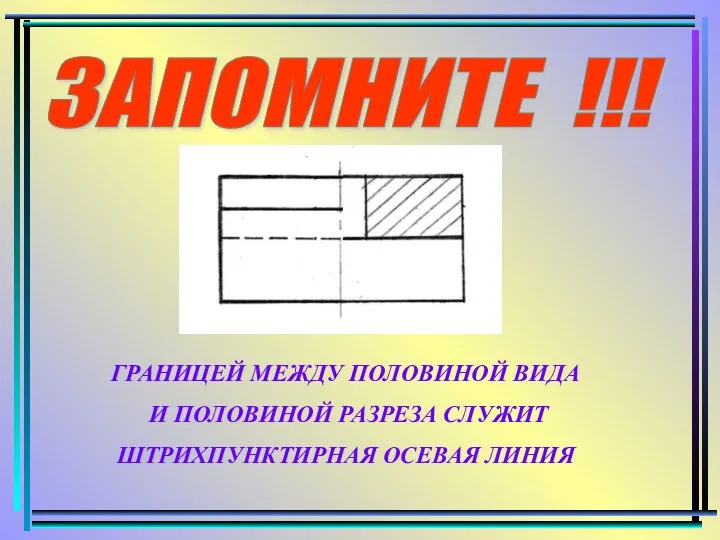 ГРАНИЦЕЙ МЕЖДУ ПОЛОВИНОЙ ВИДА И ПОЛОВИНОЙ РАЗРЕЗА СЛУЖИТ ШТРИХПУНКТИРНАЯ ОСЕВАЯ ЛИНИЯ ЗАПОМНИТЕ !!!