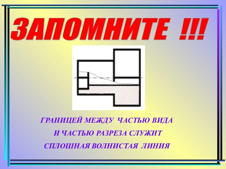 ГРАНИЦЕЙ МЕЖДУ ЧАСТЬЮ ВИДА И ЧАСТЬЮ РАЗРЕЗА СЛУЖИТ СПЛОШНАЯ ВОЛНИСТАЯ ЛИНИЯ ЗАПОМНИТЕ !!!