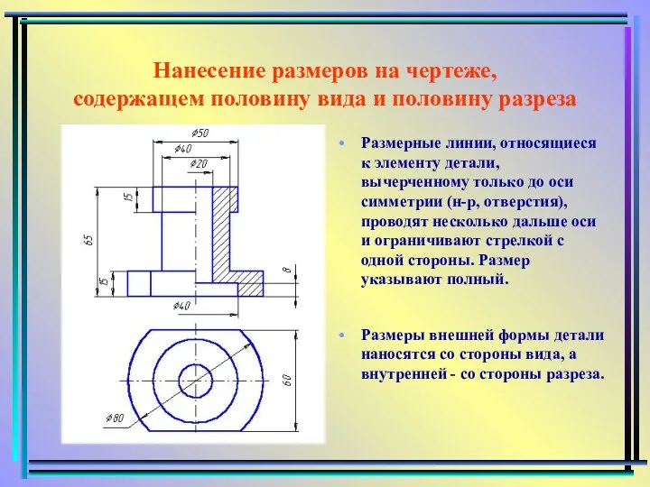 Нанесение размеров на чертеже, содержащем половину вида и половину разреза