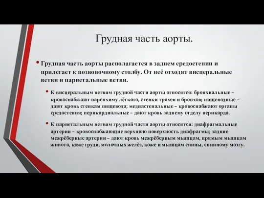 Грудная часть аорты. Грудная часть аорты располагается в заднем средостении