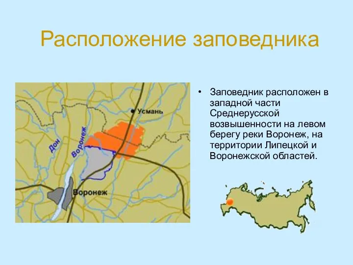 Расположение заповедника Заповедник расположен в западной части Среднерусской возвышенности на